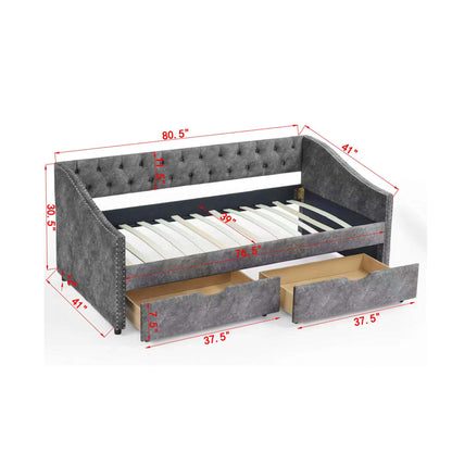 Upholstered Tufted Daybed With 2 Drawers, Waved Arms - The Sleep Loft - Online Mattress Showroom NYC