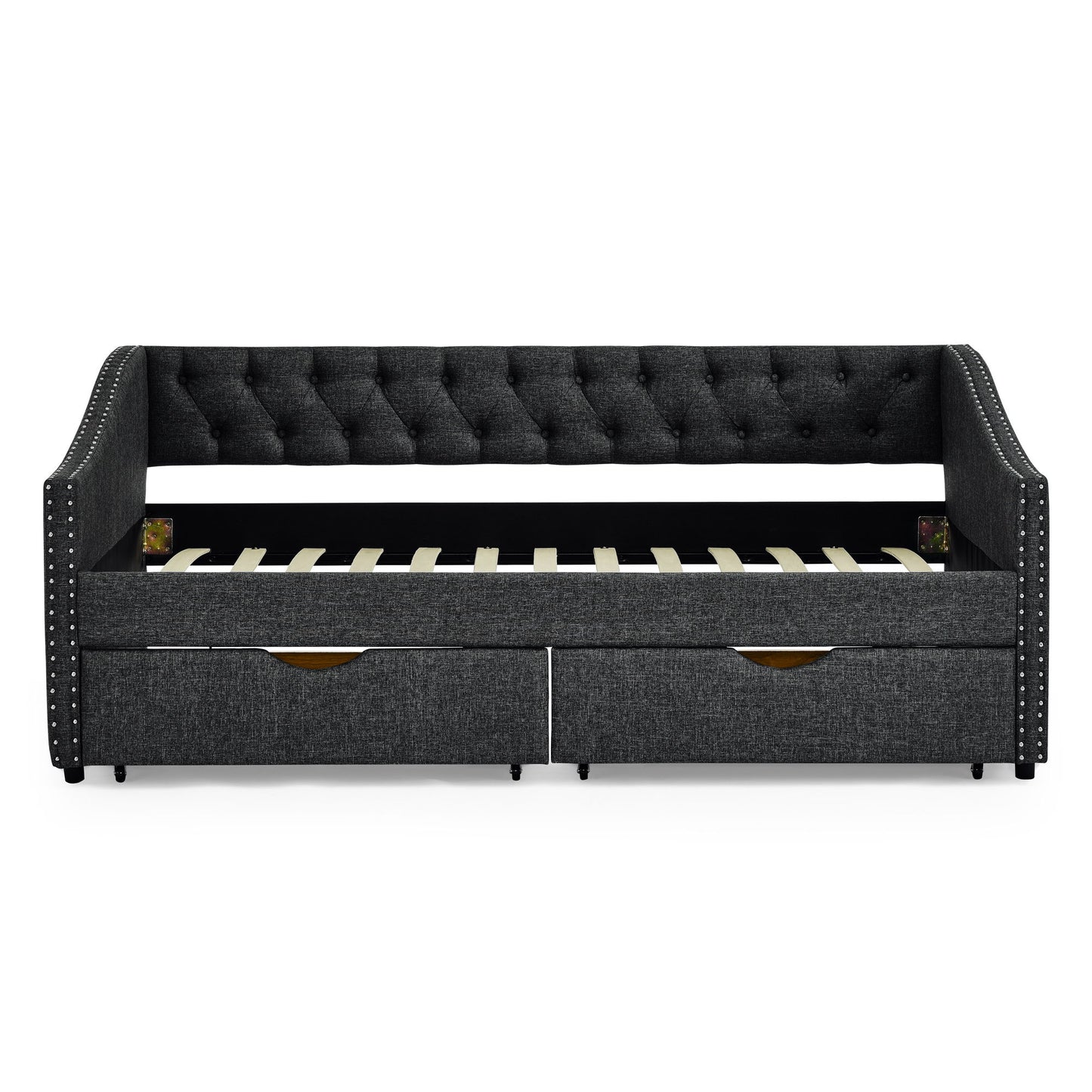 Upholstered Tufted Daybed With 2 Drawers, Waved Arms - The Sleep Loft - Online Mattress Showroom NYC