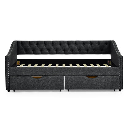 Upholstered Tufted Daybed With 2 Drawers, Waved Arms - The Sleep Loft - Online Mattress Showroom NYC