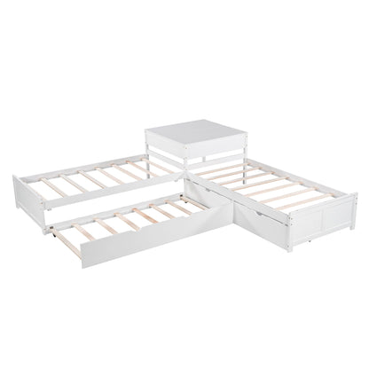 L Shaped Platform Bed With Trundle And Drawers Linked With Built In Desk - The Sleep Loft - Online Mattress Showroom NYC