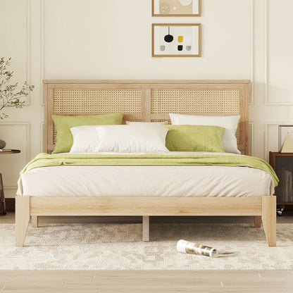 Queen Size Rubber Wooden, Solid Wooden Bed With Rattan Headboard, Enhanced By Support Feet - Natural - The Sleep Loft - Online Mattress Showroom NYC