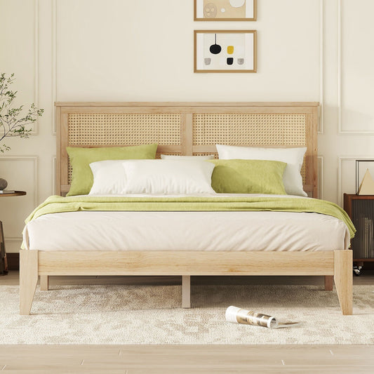 Queen Size Rubber Wooden, Solid Wooden Bed With Rattan Headboard, Enhanced By Support Feet - Natural - The Sleep Loft - Online Mattress Showroom NYC