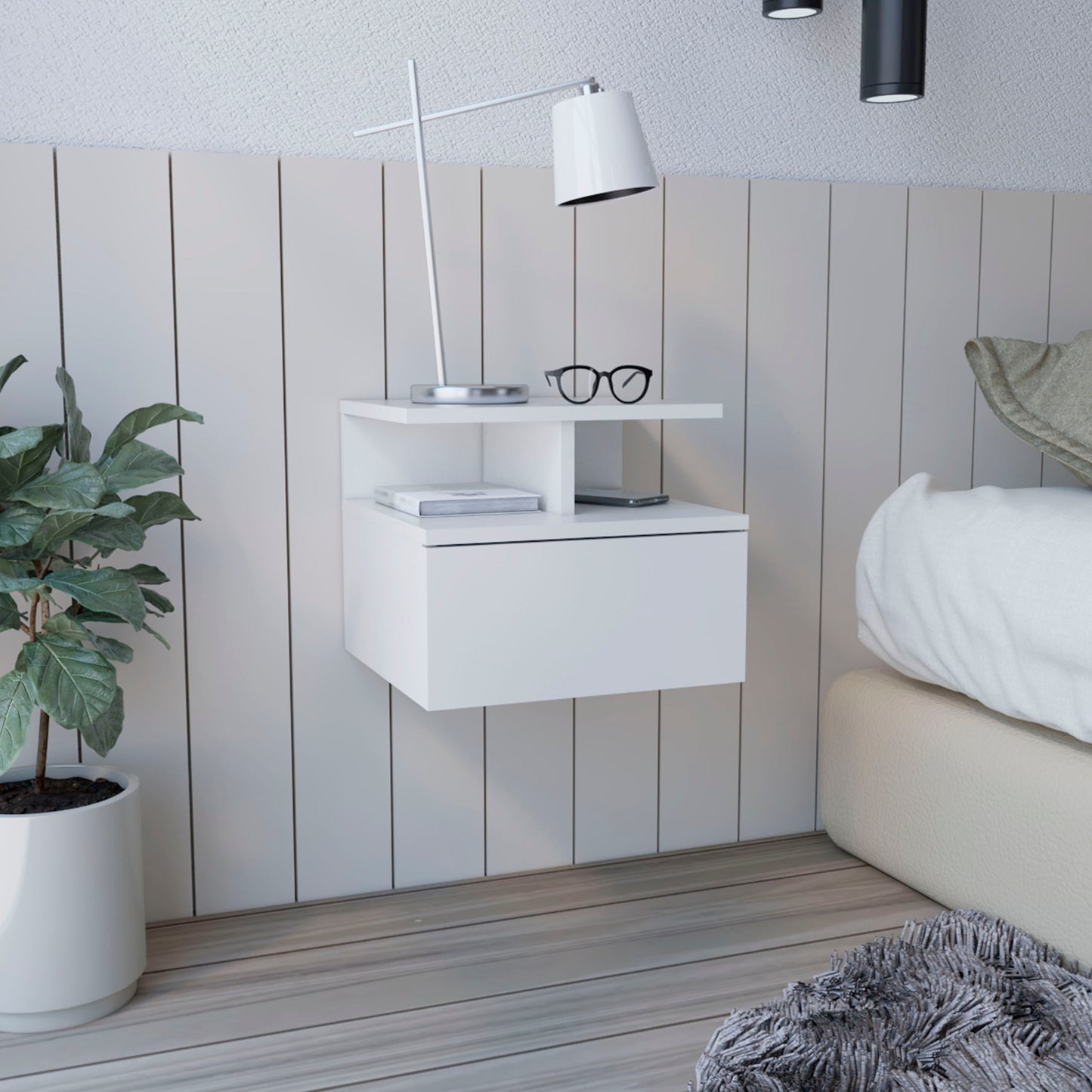 Flopini - Floating Nightstand With 1 Drawer, Compact Size - White - The Sleep Loft - Online Mattress Showroom NYC