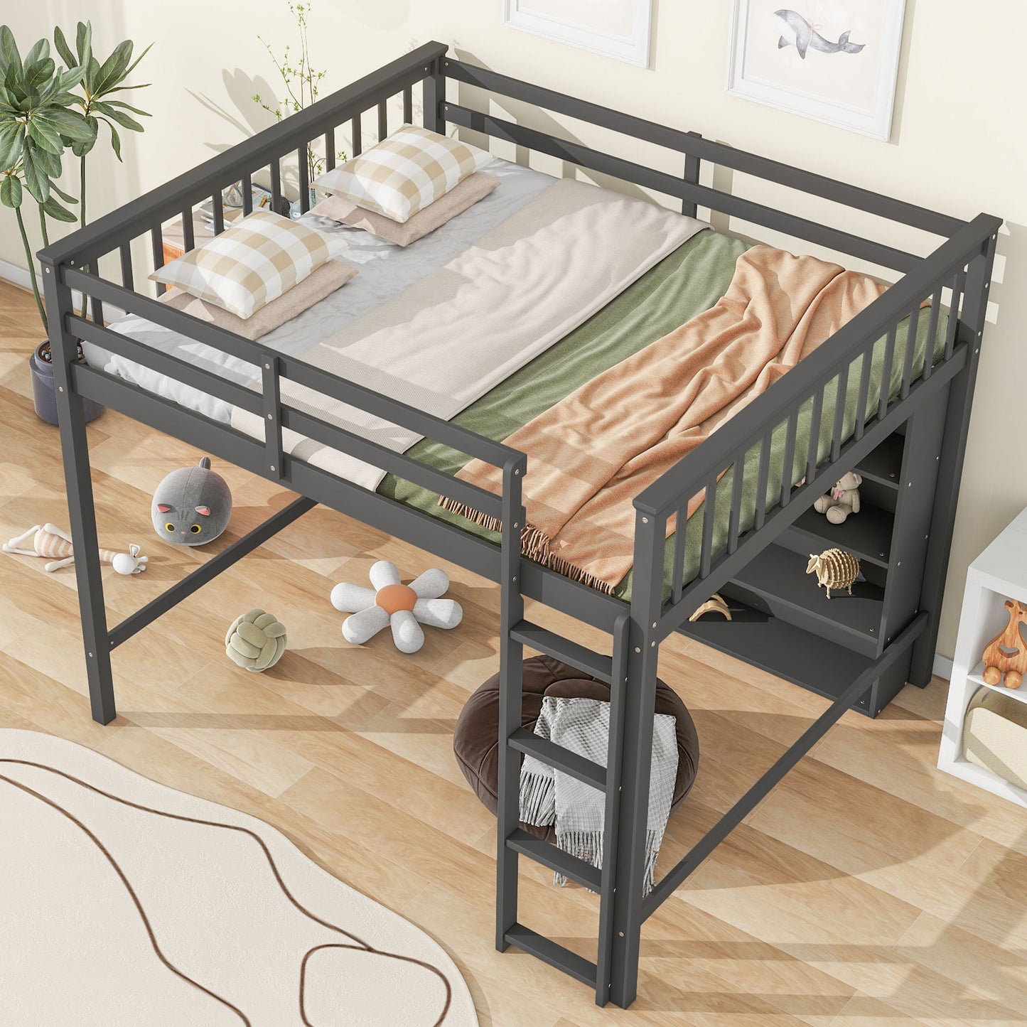 Loft Bed With 8 Open Storage Shelves And Built In Ladder - The Sleep Loft - Online Mattress Showroom NYC