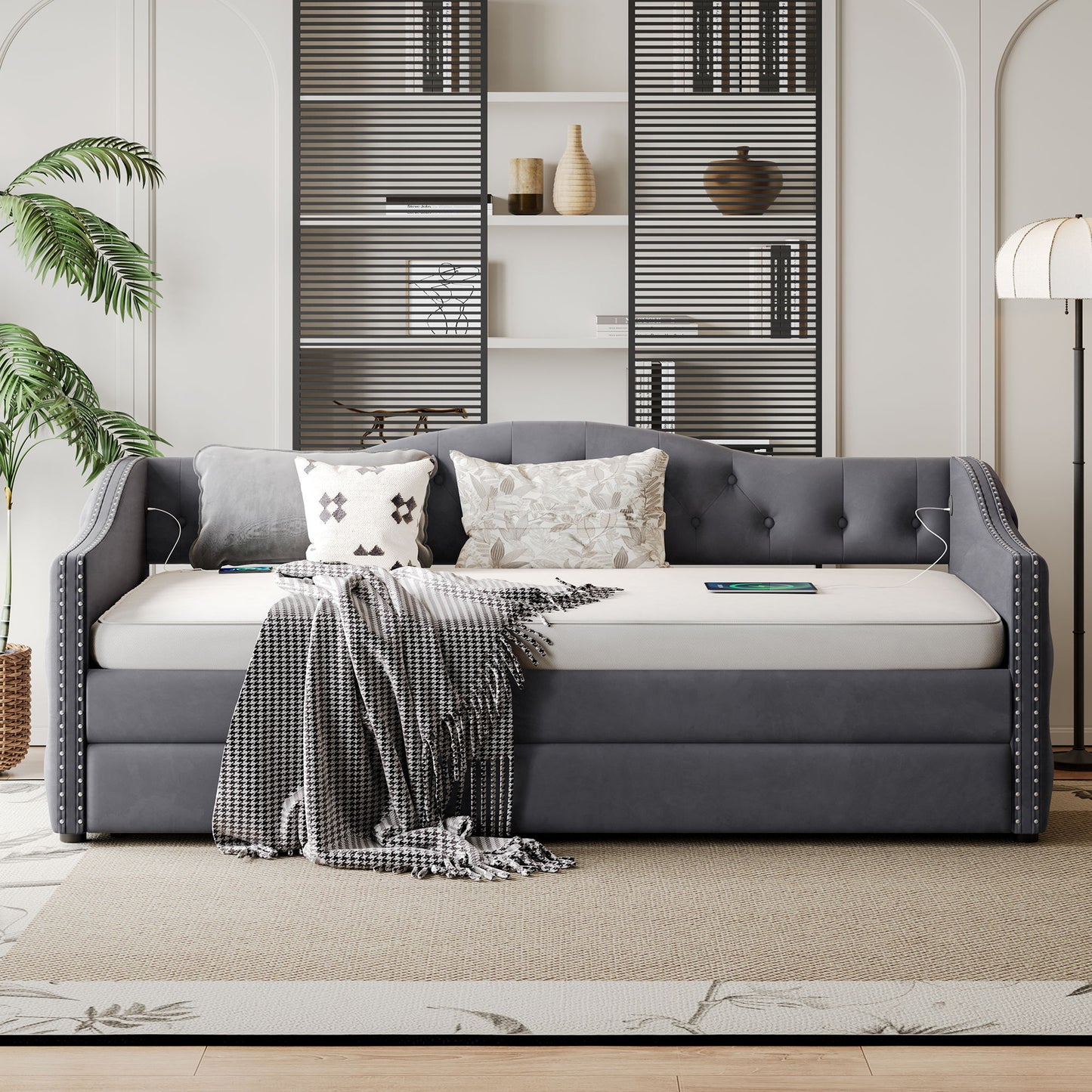 Twin Size Upholstered Daybed With Trundle And USB Charging Design For Bedroom - Gray - The Sleep Loft - Online Mattress Showroom NYC
