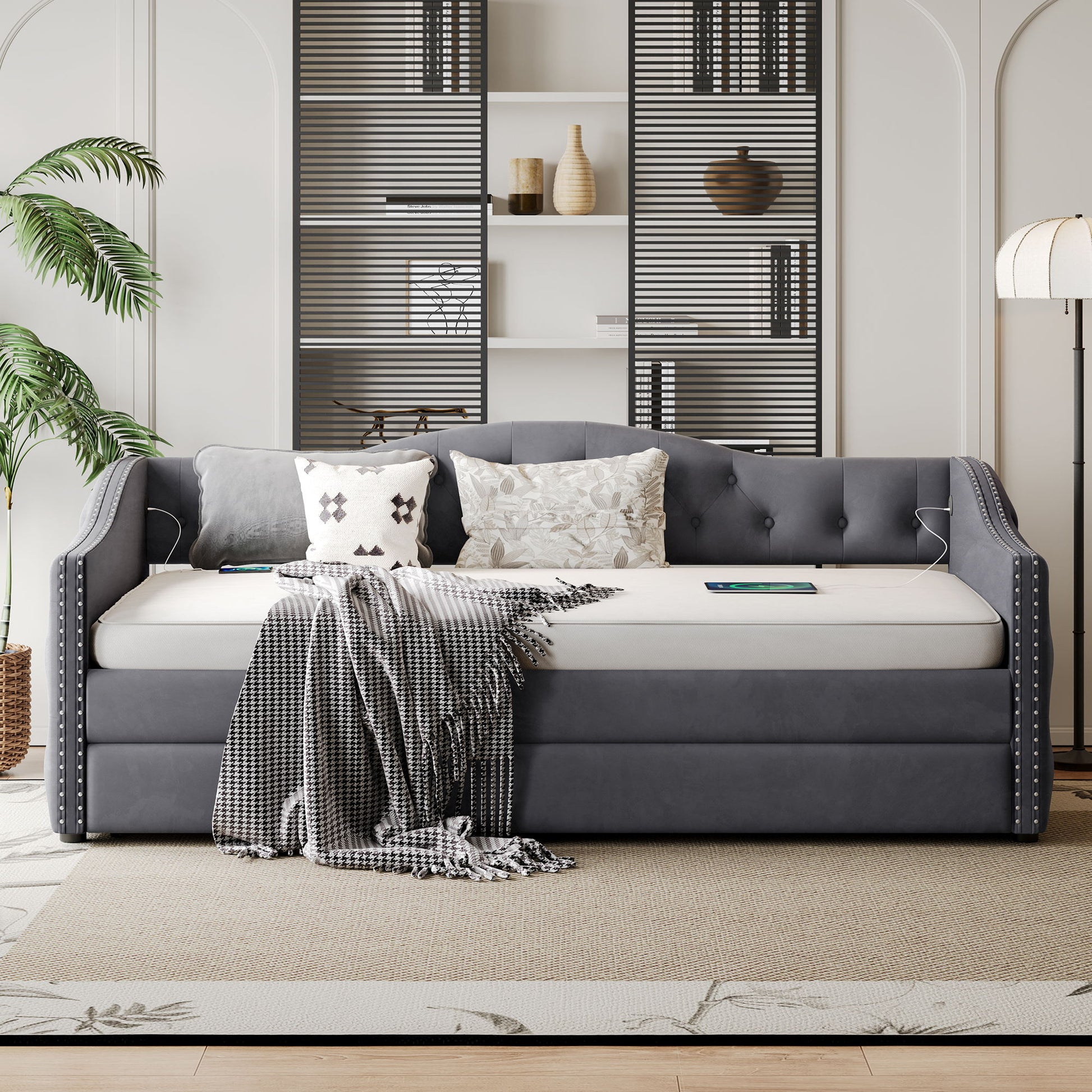 Twin Size Upholstered Daybed With Trundle And USB Charging Design For Bedroom - Gray - The Sleep Loft - Online Mattress Showroom NYC