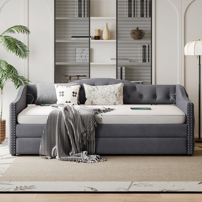 Twin Size Upholstered Daybed With Trundle And USB Charging Design For Bedroom - Gray - The Sleep Loft - Online Mattress Showroom NYC
