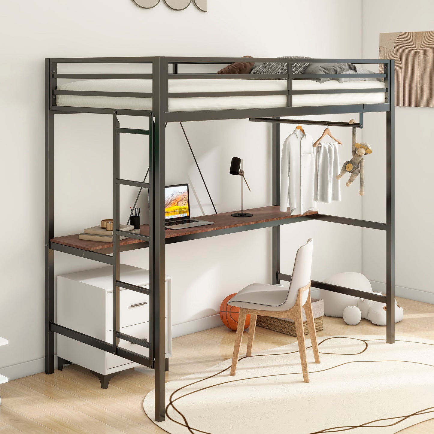 Adam - Twin Loft Bunk Bed With Cinnamon Wood Desk And Closet Rod - Black - The Sleep Loft - Online Mattress Showroom NYC