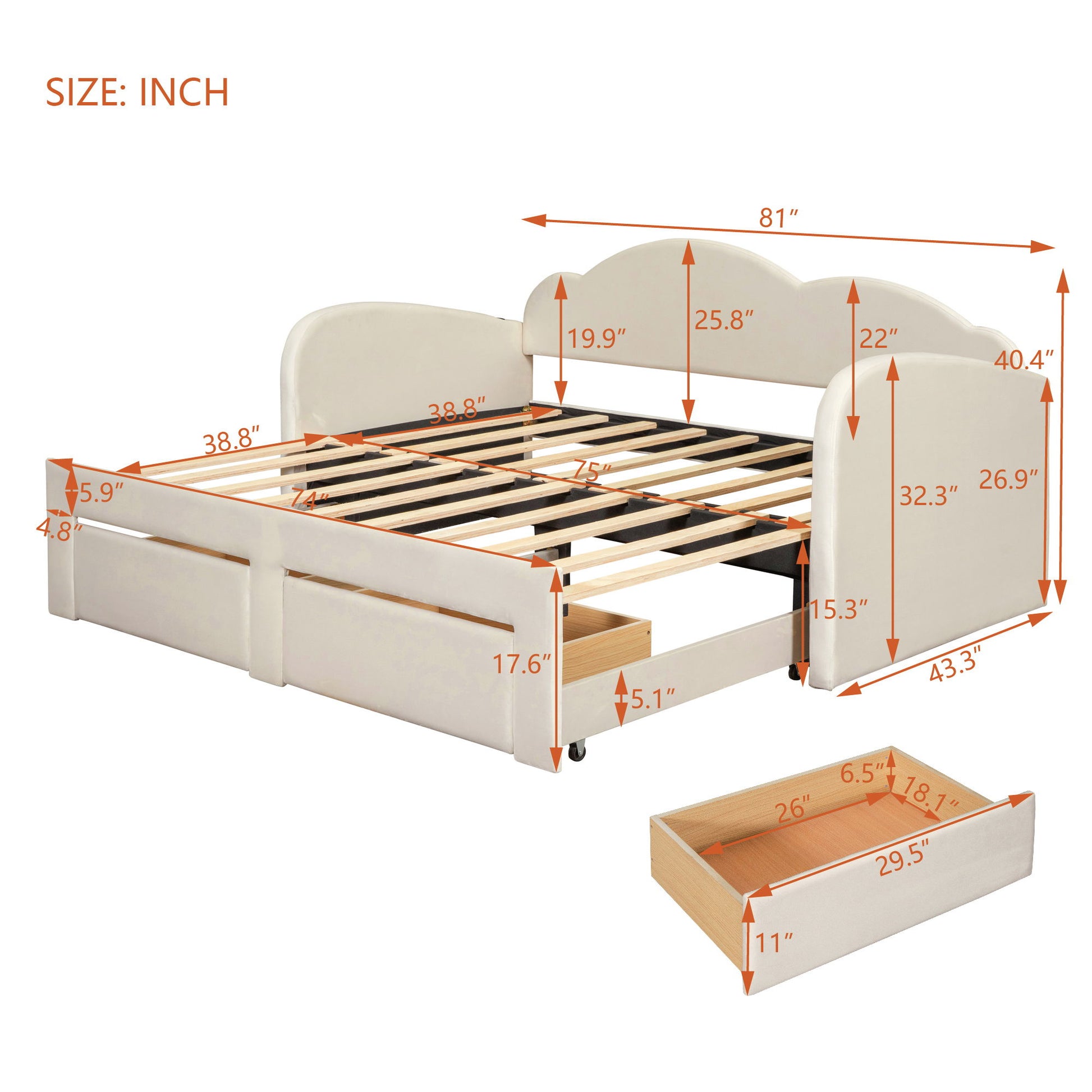 Upholstered Daybed With Cloud-Shaped Backrest, Trundle & 2 Drawers And USB Ports - The Sleep Loft - Online Mattress Showroom NYC