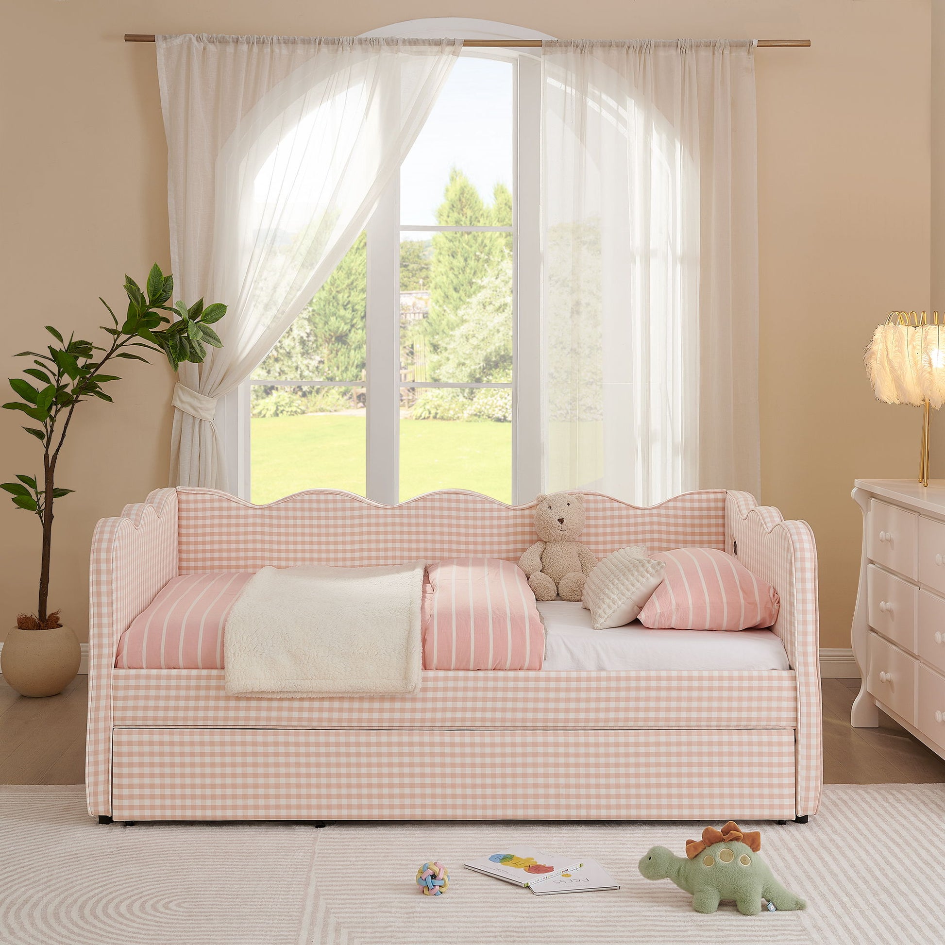 Gingham Daybed With USB Charging Port, Wave Shaped Design - The Sleep Loft - Online Mattress Showroom NYC