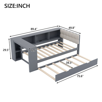 Upholstered Headboard Platform Bed With Storage Shelves, Trundle, Charging Station - The Sleep Loft - Online Mattress Showroom NYC