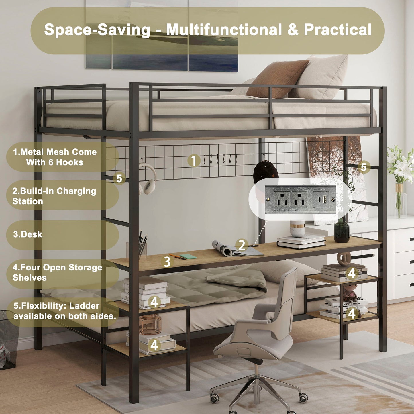 Ethan - Bunk Bed With Desk, Charging Station, Storage Shelves - The Sleep Loft - Online Mattress Showroom NYC