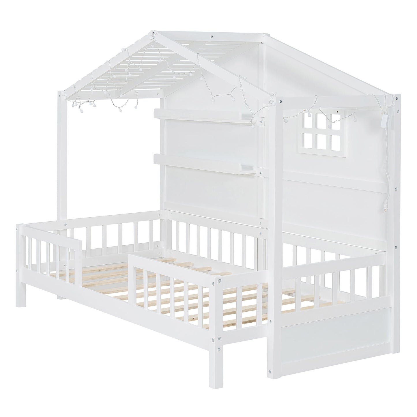 House Bed With Shelves, Window And Sparkling Light Strip On The Roof - The Sleep Loft - Online Mattress Showroom NYC