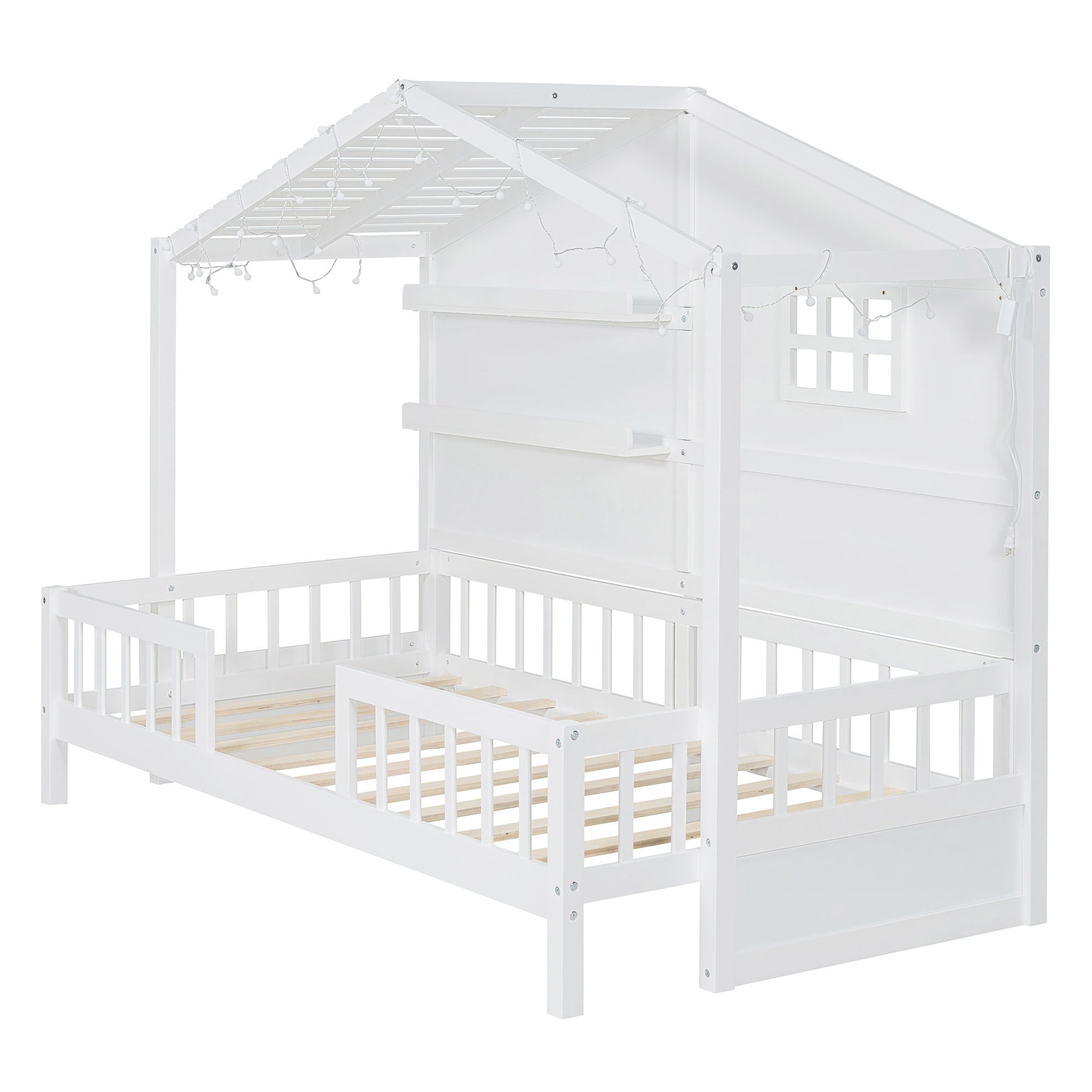 House Bed With Shelves, Window And Sparkling Light Strip On The Roof - The Sleep Loft - Online Mattress Showroom NYC