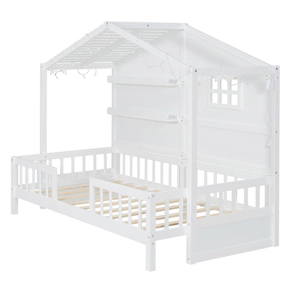 House Bed With Shelves, Window And Sparkling Light Strip On The Roof - The Sleep Loft - Online Mattress Showroom NYC