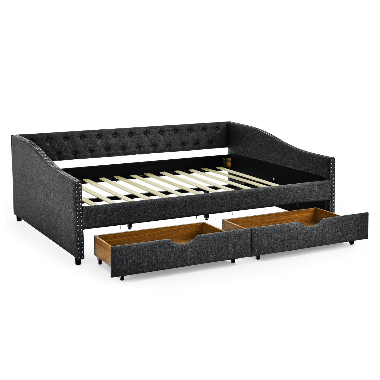 Upholstered Tufted Daybed With 2 Drawers, Waved Arms - The Sleep Loft - Online Mattress Showroom NYC