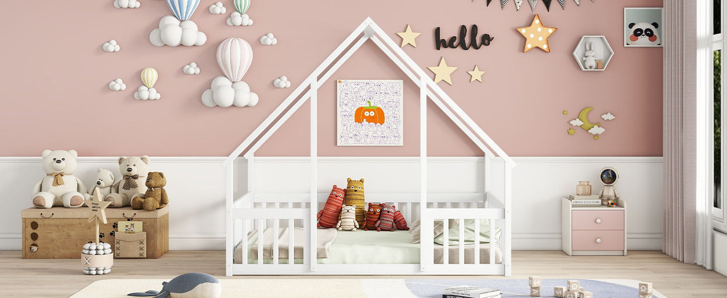 Wood House-Shaped Floor Bed With Fence, Guardrails - The Sleep Loft - Online Mattress Showroom NYC