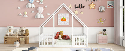 Wood House-Shaped Floor Bed With Fence, Guardrails - The Sleep Loft - Online Mattress Showroom NYC