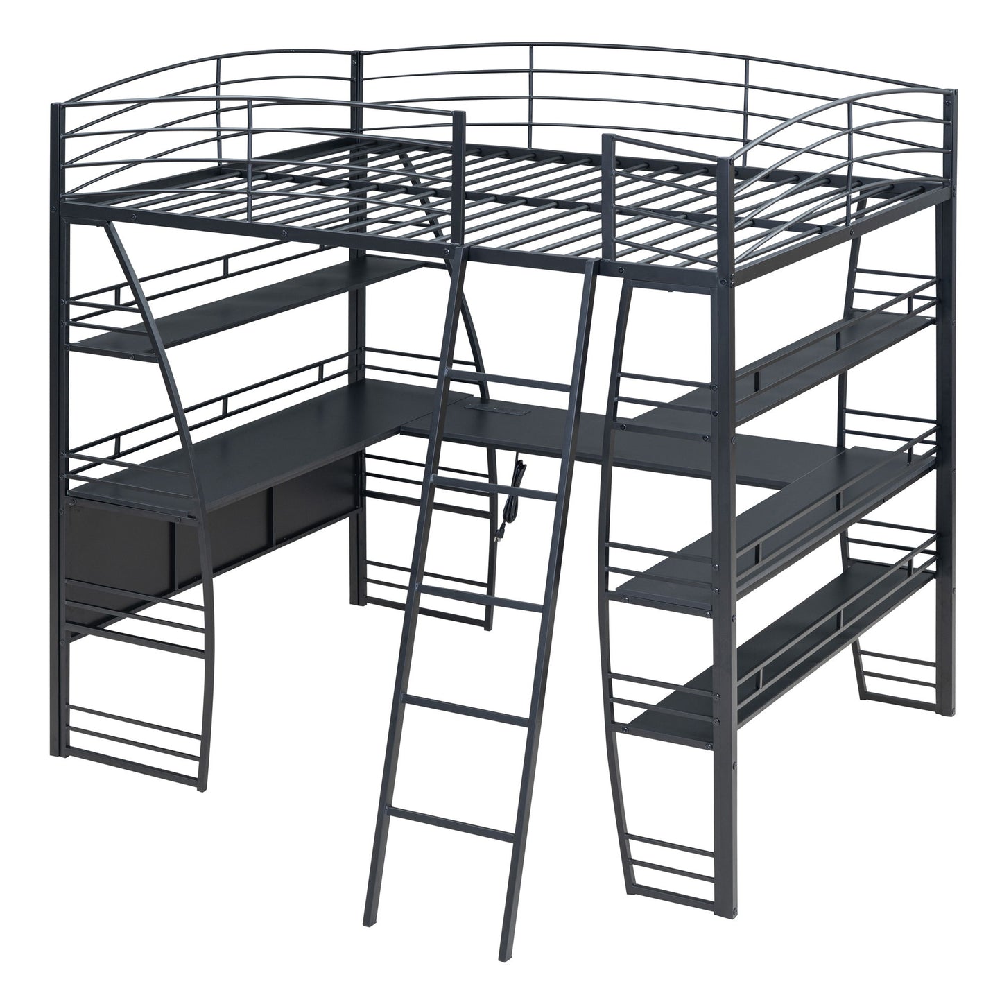 Loft Bed With 4 Layers Of Shelves And L-Shaped Desk, Stylish Metal Frame Bed With A Set Of Sockets, USB Ports And And Wireless Charging - The Sleep Loft - Online Mattress Showroom NYC