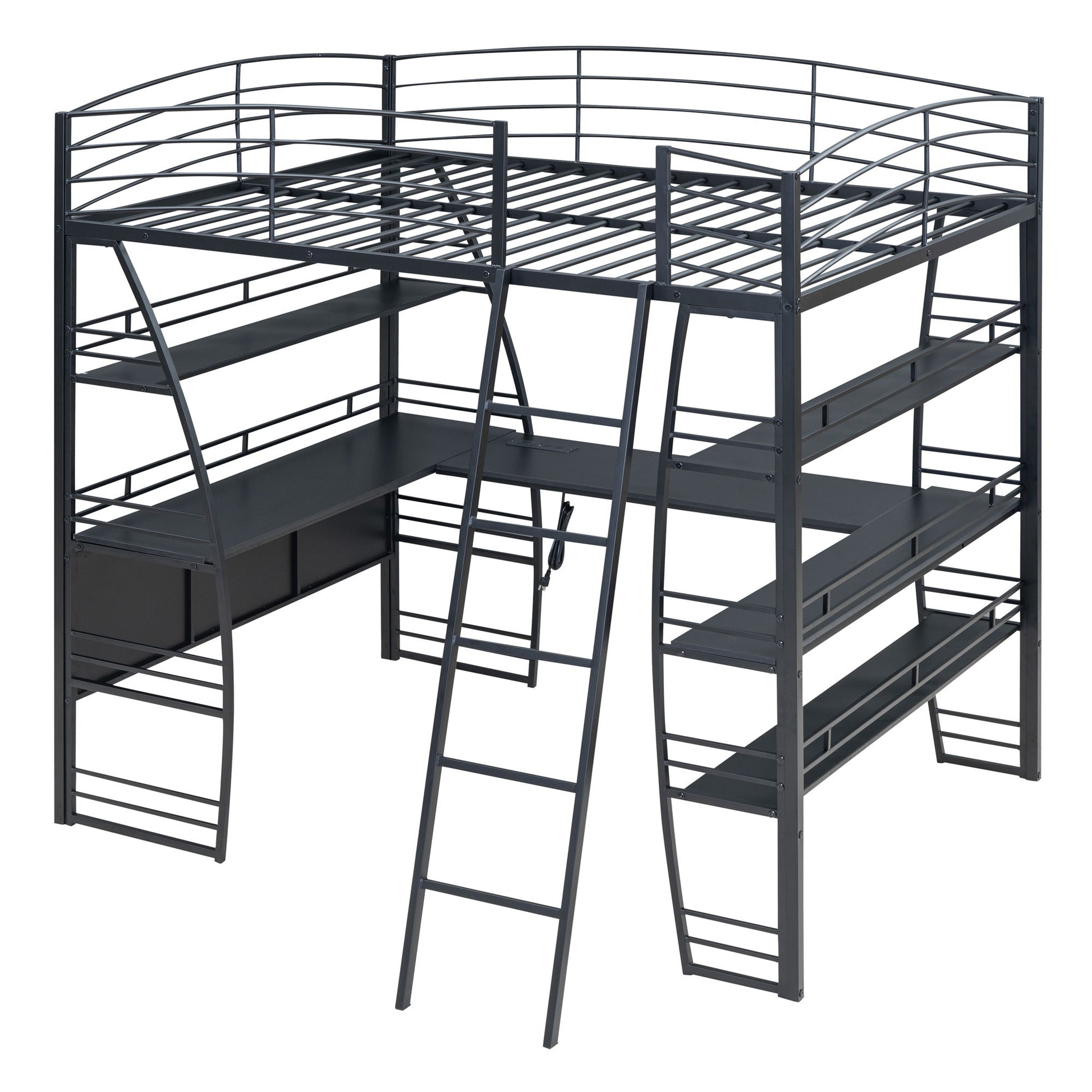Loft Bed With 4 Layers Of Shelves And L-Shaped Desk, Stylish Metal Frame Bed With A Set Of Sockets, USB Ports And And Wireless Charging - The Sleep Loft - Online Mattress Showroom NYC