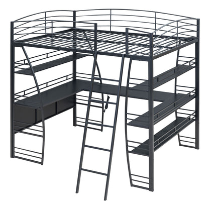 Loft Bed With 4 Layers Of Shelves And L-Shaped Desk, Stylish Metal Frame Bed With A Set Of Sockets, USB Ports And And Wireless Charging - The Sleep Loft - Online Mattress Showroom NYC