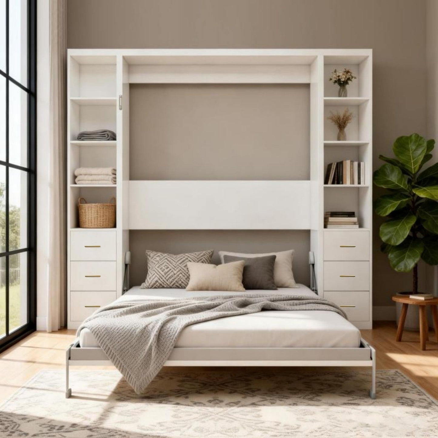 Queen Size Murphy Wall Bed With Side Storage Cabinets - White - The Sleep Loft - Online Mattress Showroom NYC