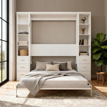 Queen Size Murphy Wall Bed With Side Storage Cabinets - White - The Sleep Loft - Online Mattress Showroom NYC