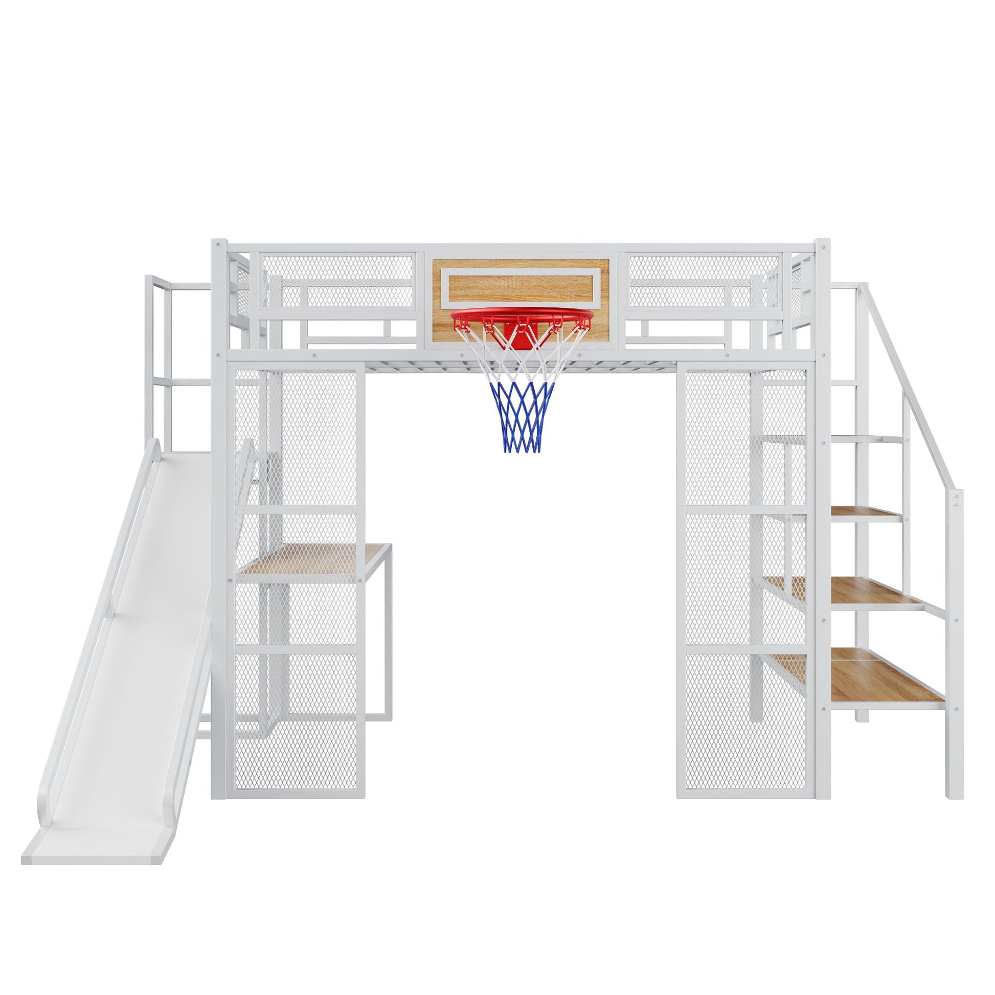 Loft Bed With Built In Desk, Open Wardrobe, Basketball Hoop, Slide And Staircase - The Sleep Loft - Online Mattress Showroom NYC