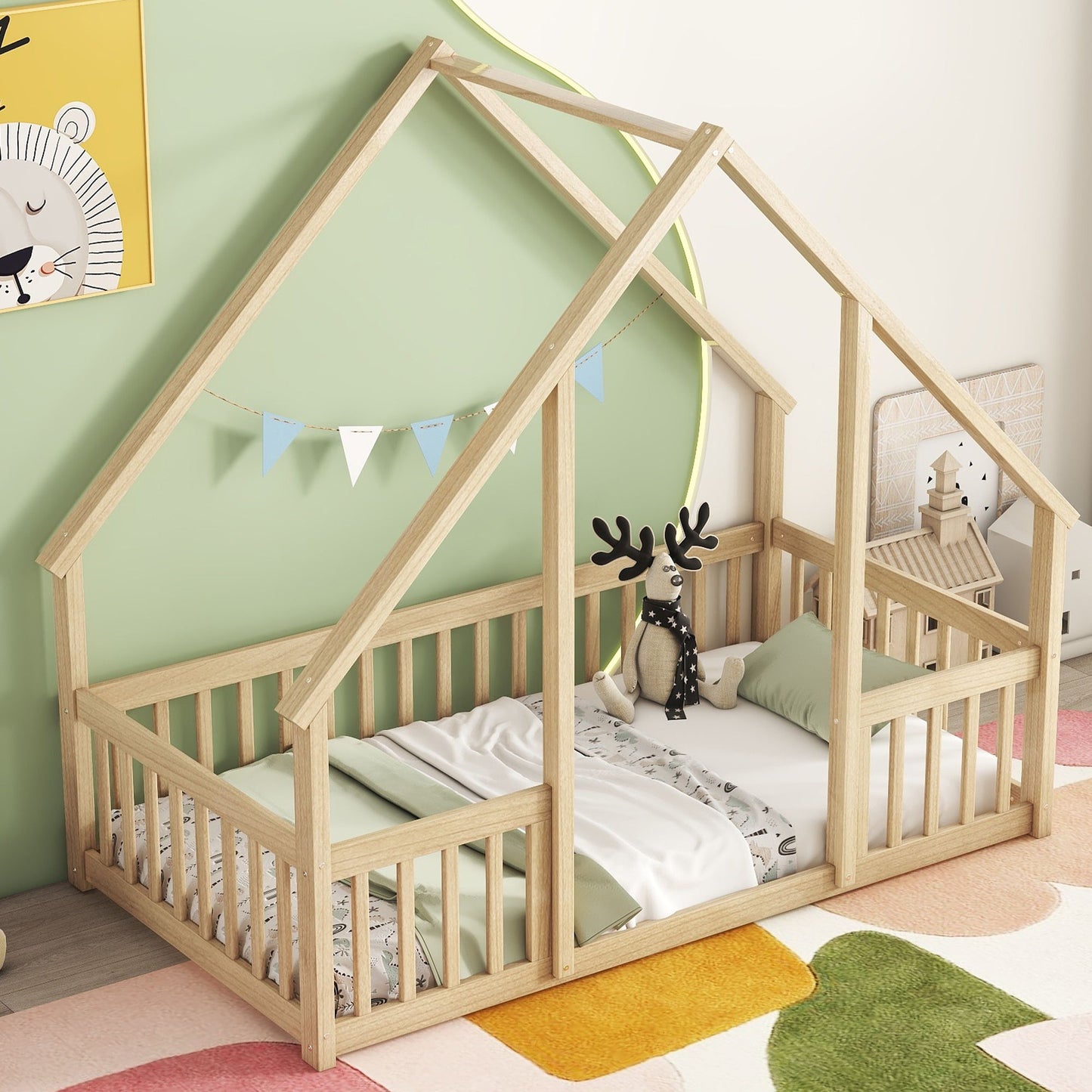 Wood House-Shaped Floor Bed With Fence, Guardrails - The Sleep Loft - Online Mattress Showroom NYC
