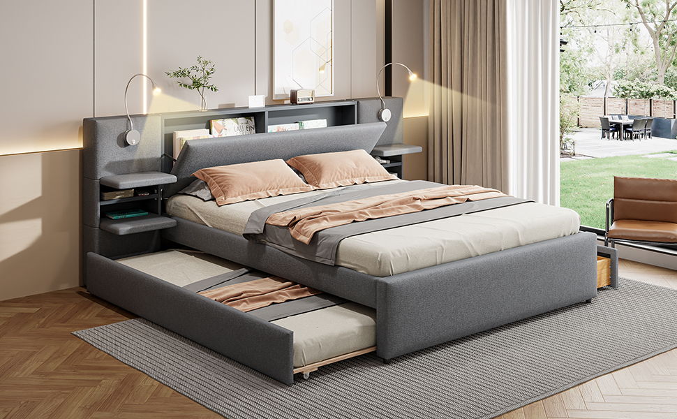 Upholstered Platform Bed With Reading Lights, Drawers, Trundle And Shelves - The Sleep Loft - Online Mattress Showroom NYC