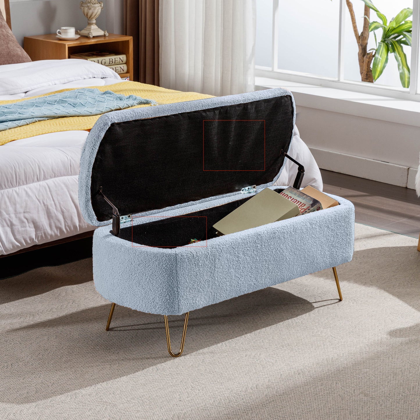Storage Ottoman Bench For End Of Bed Legs, Modern Camel Faux Fur Entryway Bench Upholstered Padded With Storage For Living Room Bedroom - The Sleep Loft - Online Mattress Showroom NYC