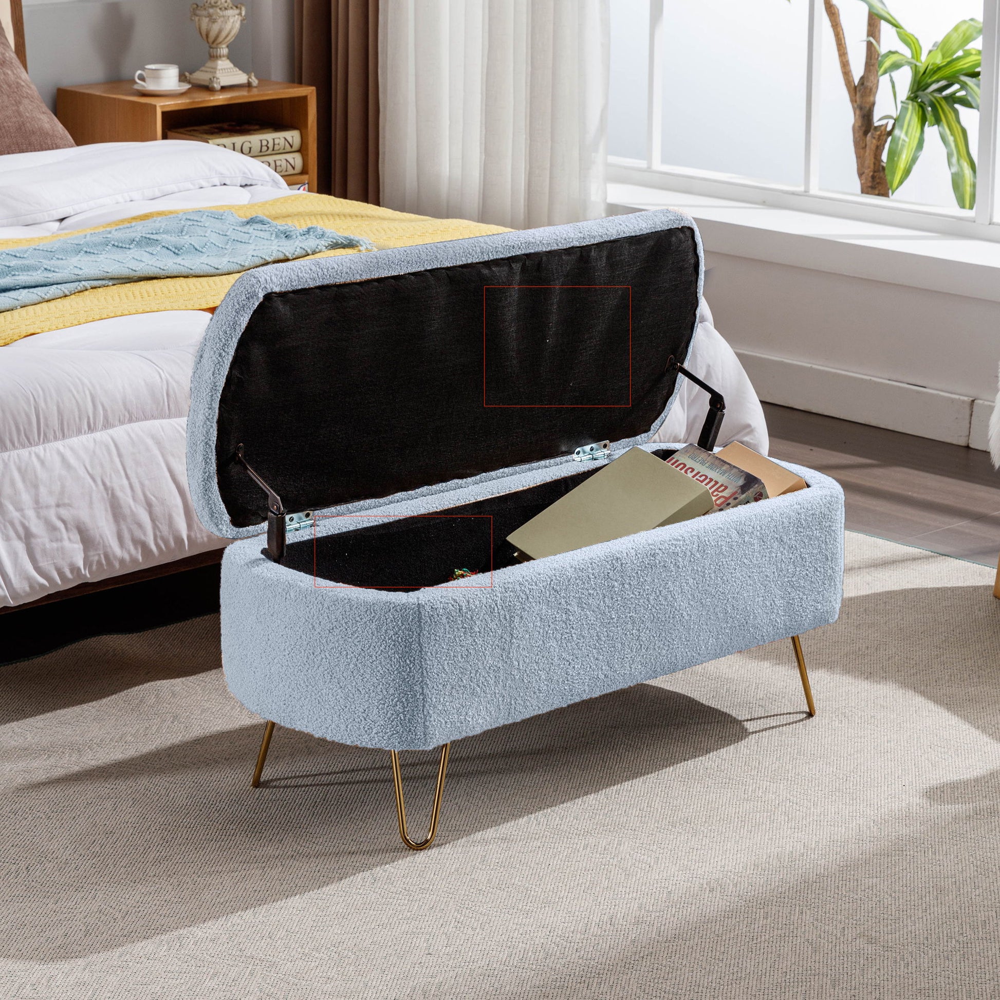 Storage Ottoman Bench For End Of Bed Legs, Modern Camel Faux Fur Entryway Bench Upholstered Padded With Storage For Living Room Bedroom - The Sleep Loft - Online Mattress Showroom NYC