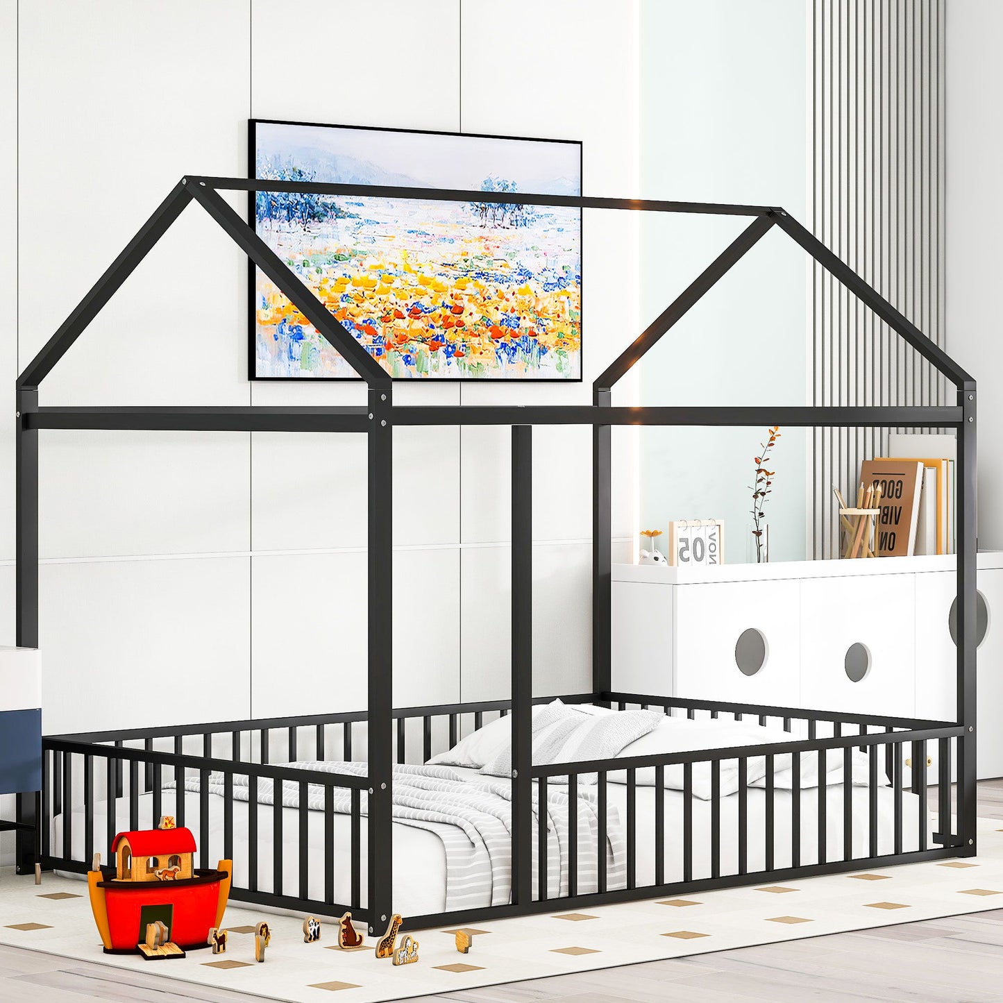 Metal Bed House Bed Frame With Fence - The Sleep Loft - Online Mattress Showroom NYC