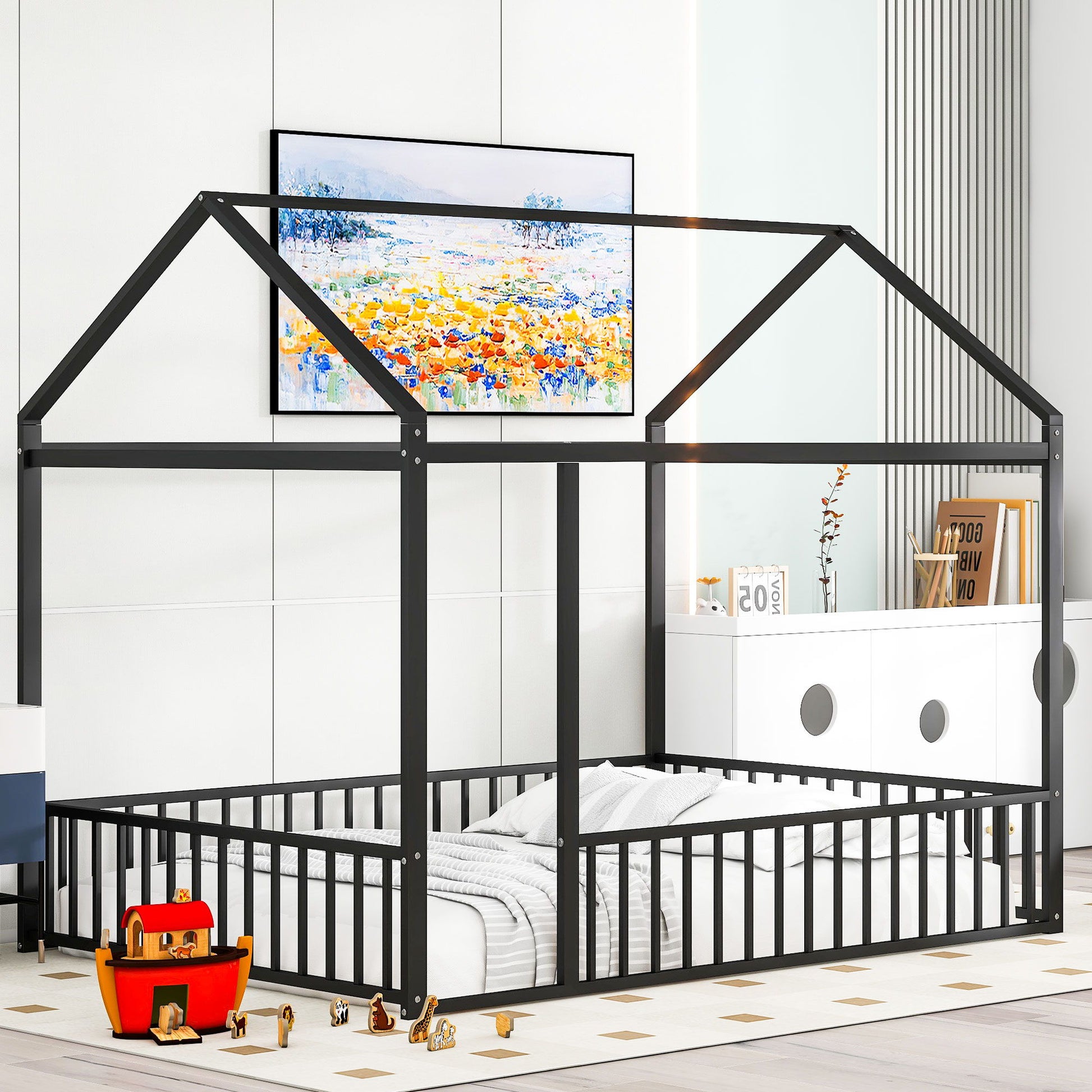 Metal Bed House Bed Frame With Fence - The Sleep Loft - Online Mattress Showroom NYC