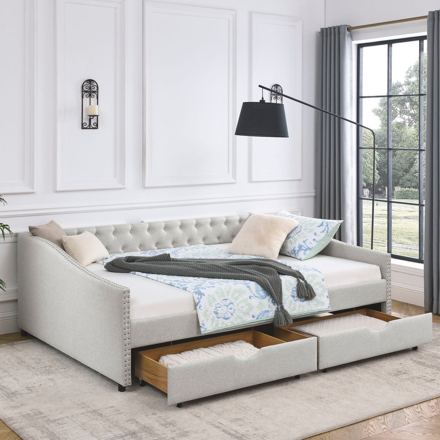 Upholstered Tufted Daybed With Drawers, Waved Arms - The Sleep Loft - Online Mattress Showroom NYC