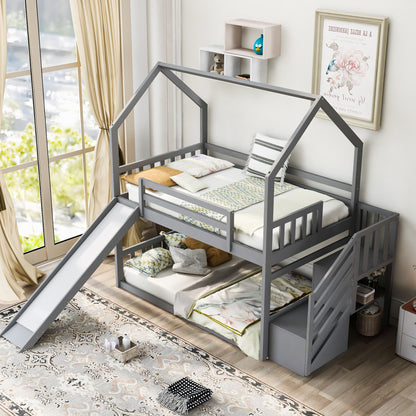 Twin Over Twin House Bunk Bed With Convertible Slide, Storage Staircase - The Sleep Loft - Online Mattress Showroom NYC