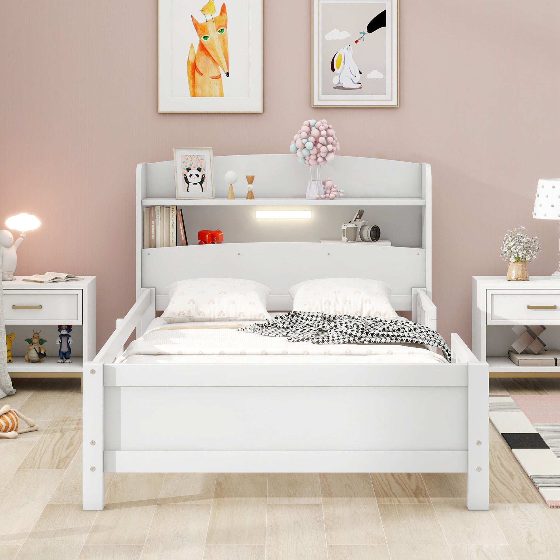 Wood Platform Bed With Built In LED Light, Storage Headboard And Guardrail - The Sleep Loft - Online Mattress Showroom NYC