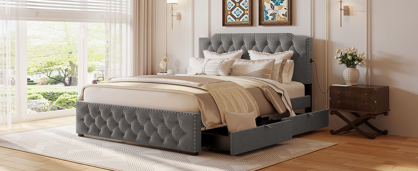 Upholstered Platform Bed With 2 Drawers And 2 Sets Of USB Ports On Each Side, Linen Fabric - The Sleep Loft - Online Mattress Showroom NYC