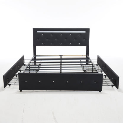 Upholstered Bed Frame With LED Lights, 4 Storage Drawers, Charging Station - The Sleep Loft - Online Mattress Showroom NYC