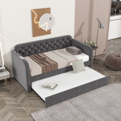 Upholstered Daybed With Trundle And USB Charging Design - The Sleep Loft - Online Mattress Showroom NYC