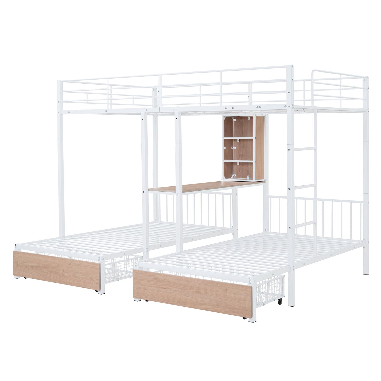 Triple Bunk Bed With Drawers, Multi-Functional Frame With Desks And Shelves In The Middle - The Sleep Loft - Online Mattress Showroom NYC