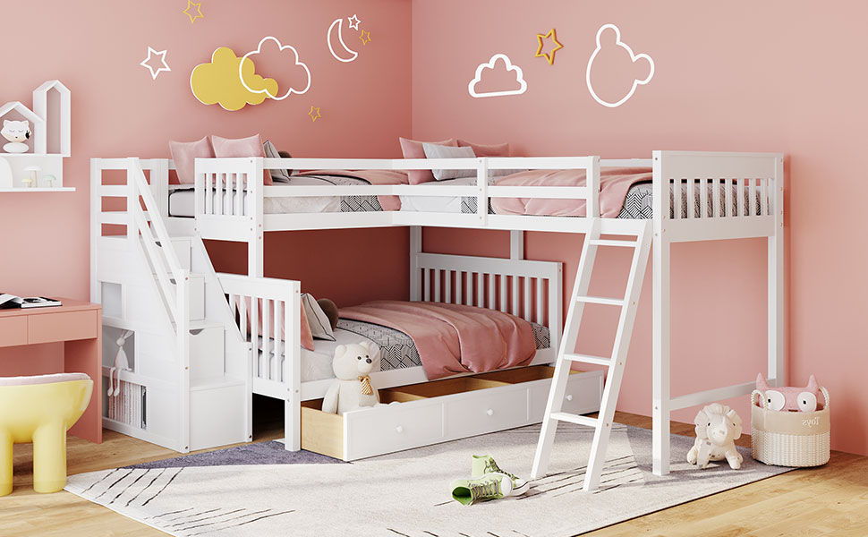 Solid L Shaped Bunk Bed With 3 Drawers, Ladder And Staircase - The Sleep Loft - Online Mattress Showroom NYC