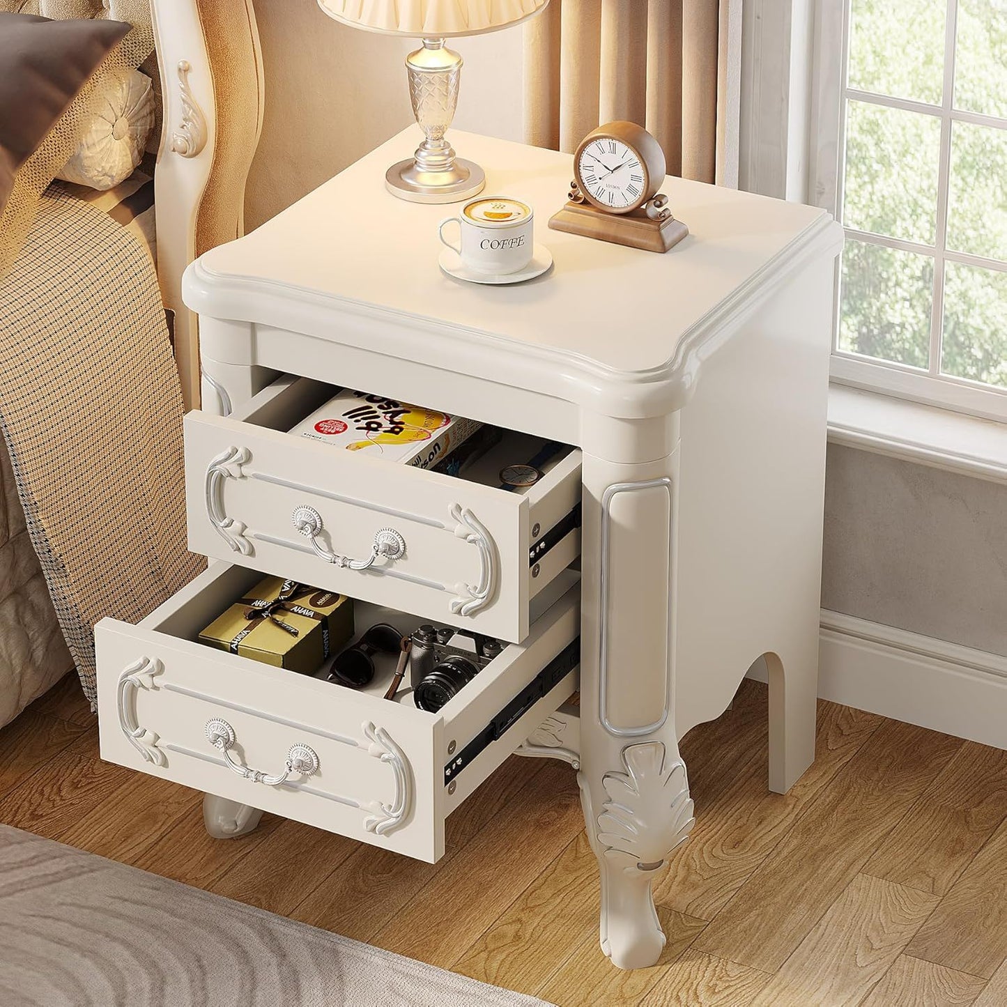 Carved Nightstand With 2 Drawers, Bedside Table - White