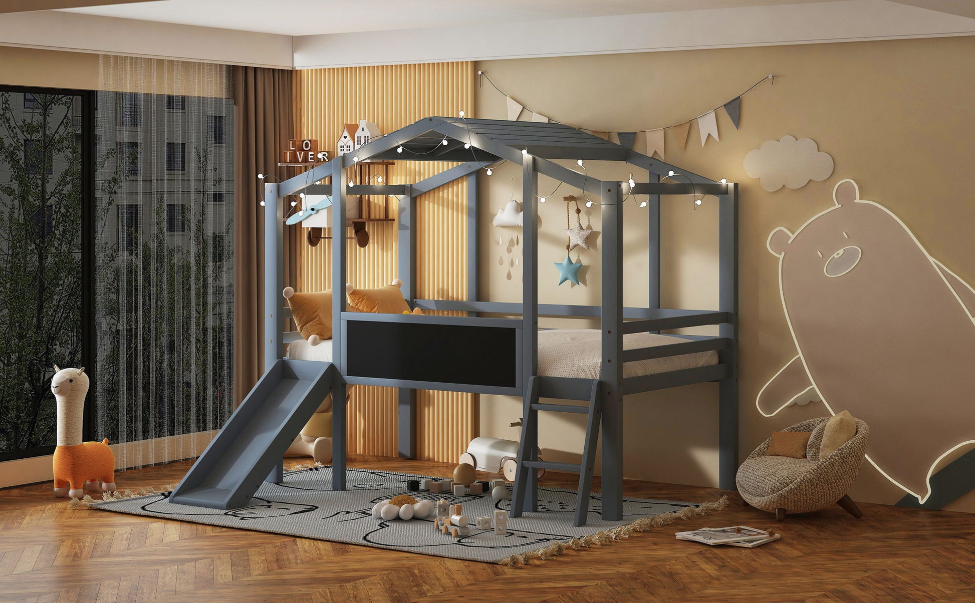 Loft House Bed With Ladder And Slide, With board And Light Strip On The Roof - The Sleep Loft - Online Mattress Showroom NYC