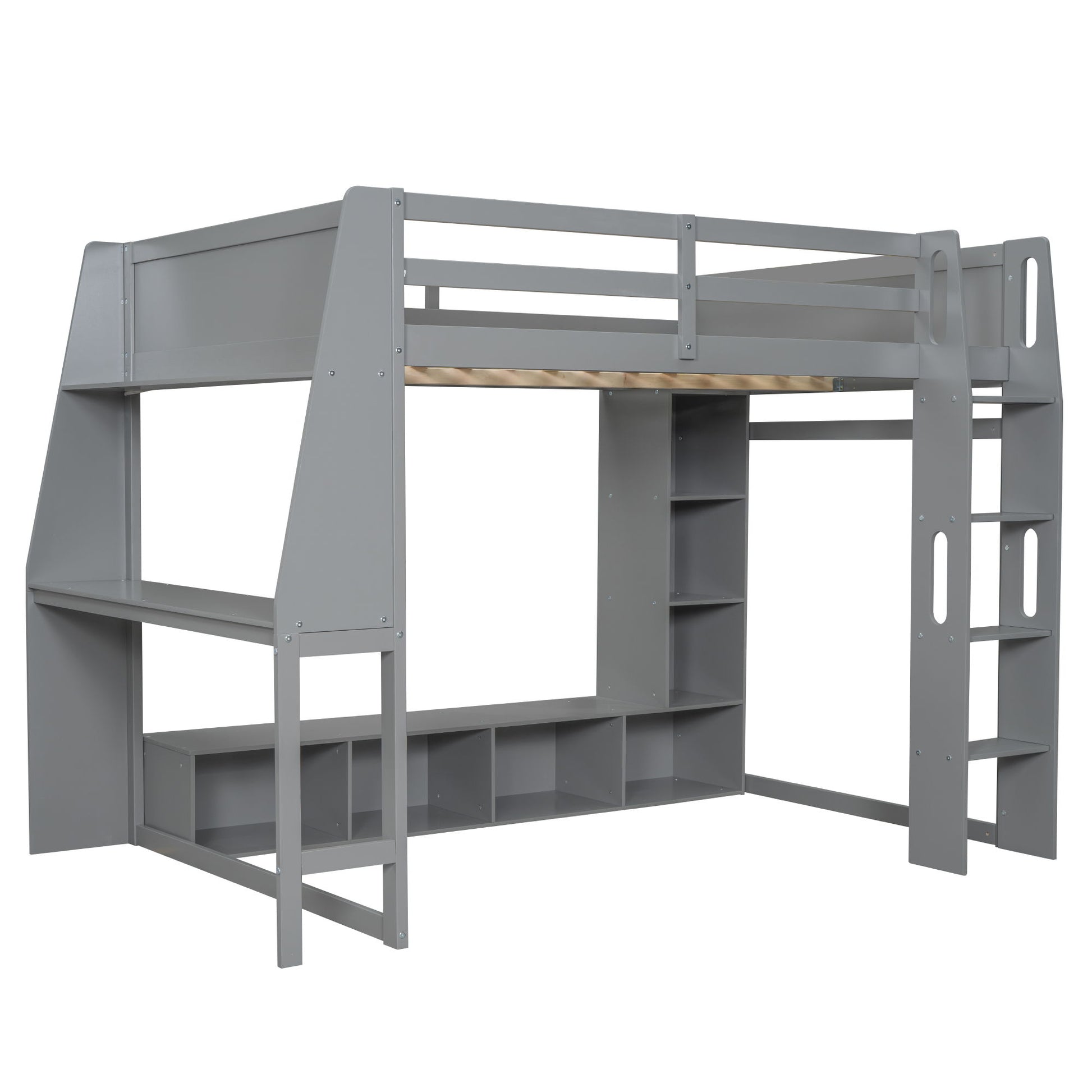 Full Size Gaming Loft Bed With Desk, Multi Storage Shelves, LED Lighting, And Hanging Clothes Rack - Gray - The Sleep Loft - Online Mattress Showroom NYC