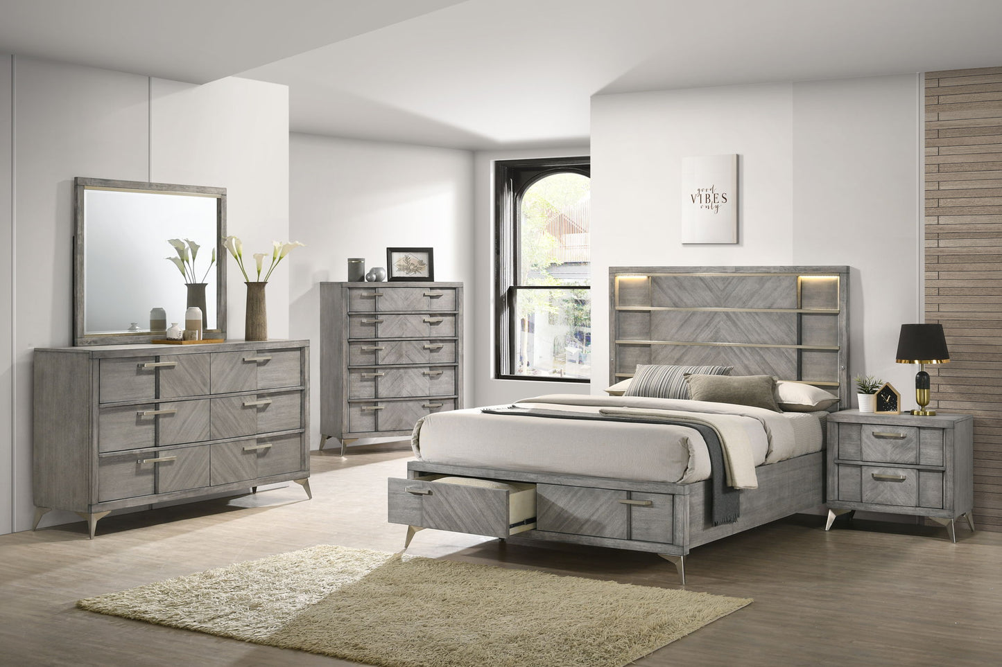 2 Drawer Night Bookmatched Veneers - Gray - The Sleep Loft - Online Mattress Showroom NYC