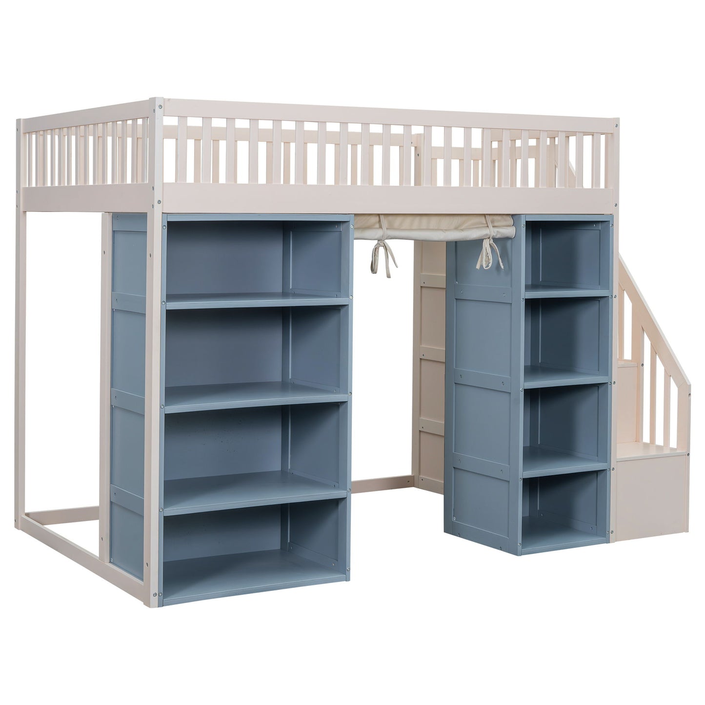 Full Size Loft Bed With 2 Four Layer Storage Cabinets And Curtain With Built In Staircase And Privacy Curtain - White - The Sleep Loft - Online Mattress Showroom NYC