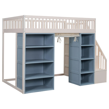 Full Size Loft Bed With 2 Four Layer Storage Cabinets And Curtain With Built In Staircase And Privacy Curtain - White - The Sleep Loft - Online Mattress Showroom NYC