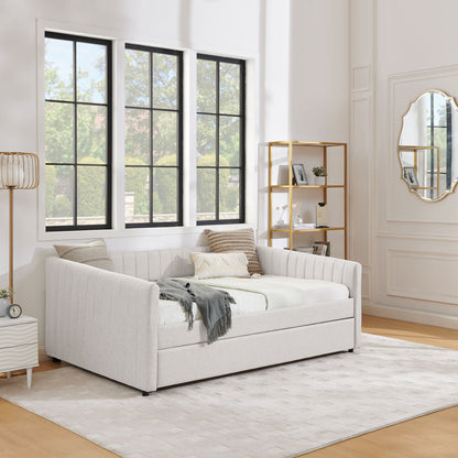 Upholstered Daybed With Trundle With Vertical Stripes - The Sleep Loft - Online Mattress Showroom NYC