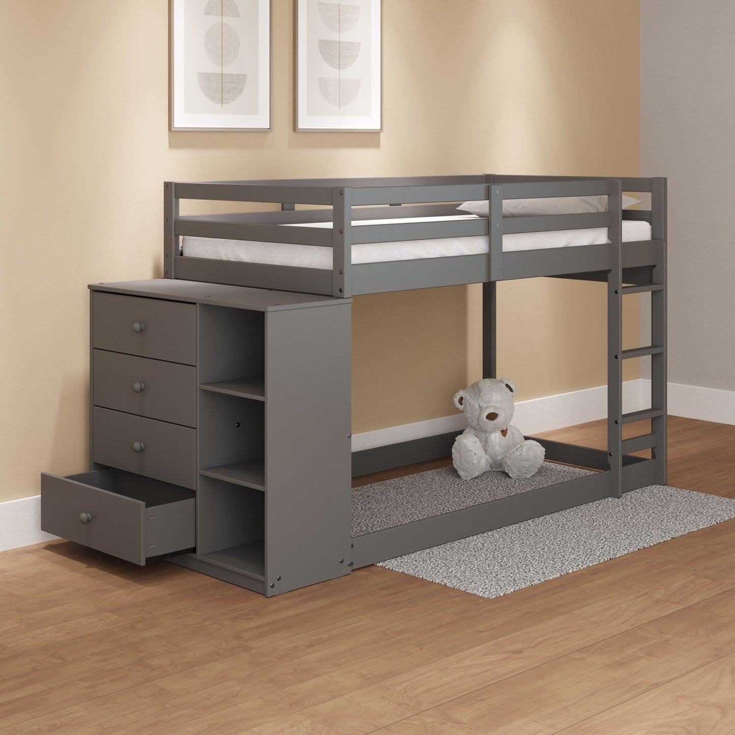 Gaston - Bunk Bed Twin Over Twin With 4 Drawers & 3 Compartments - Gray - The Sleep Loft - Online Mattress Showroom NYC